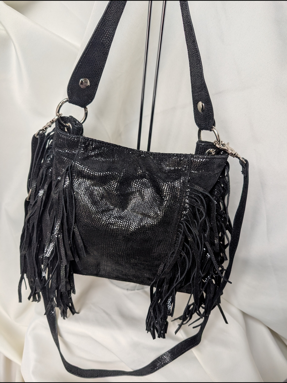 Metallic Black Fringed Crossbody/Shoulder Genuine Leather Bag